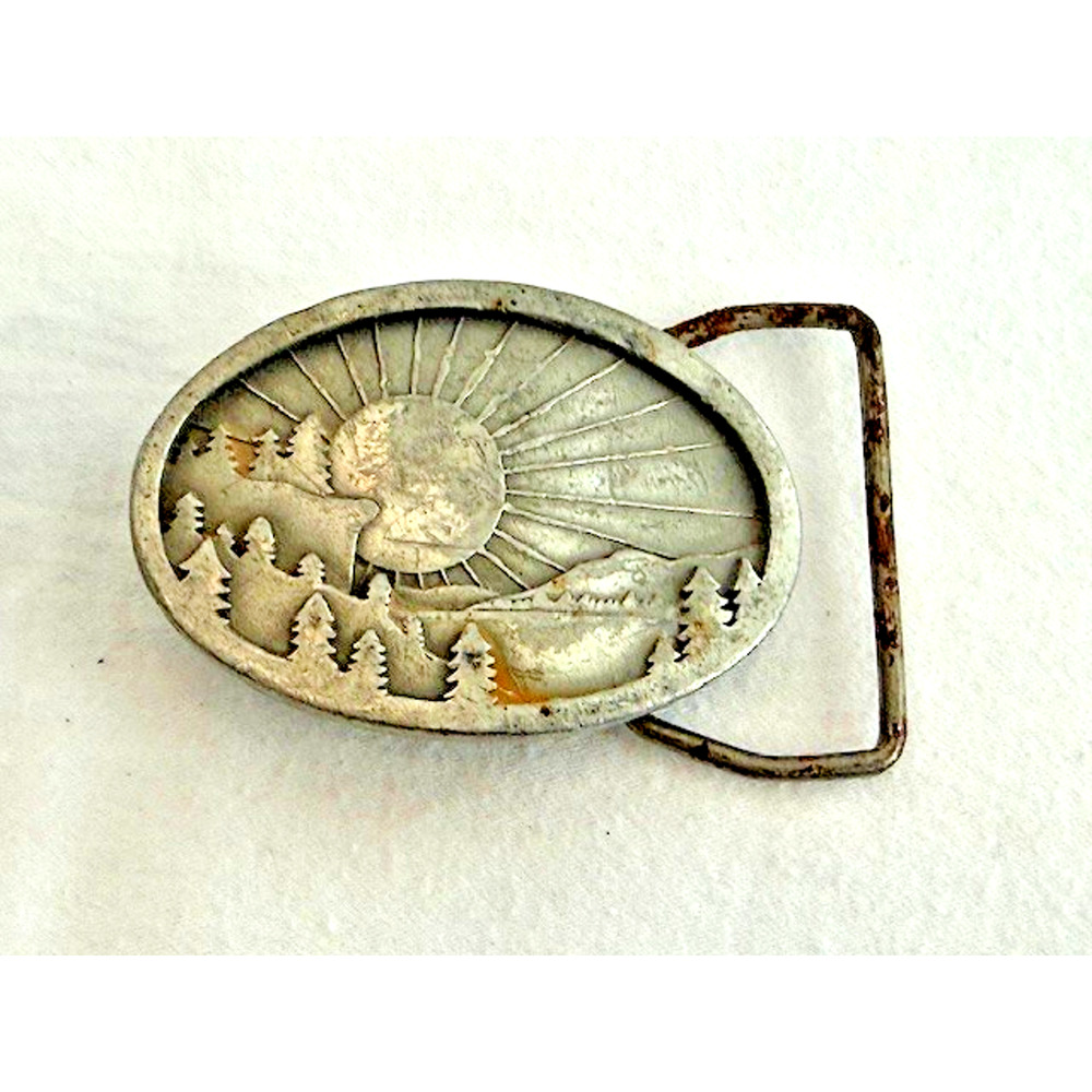 Vintage Small Indiana Metal Belt Buckle Pewter Sunrise Sunset Mountain 1977